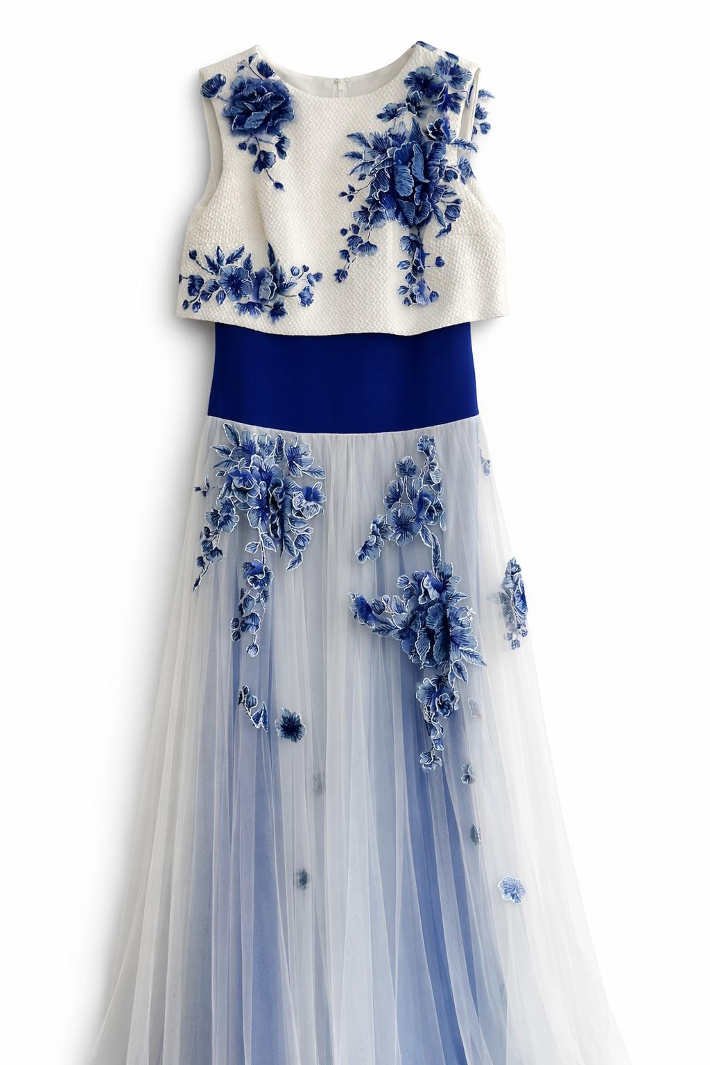 Vestido Azul con Tul Blanco y Flores