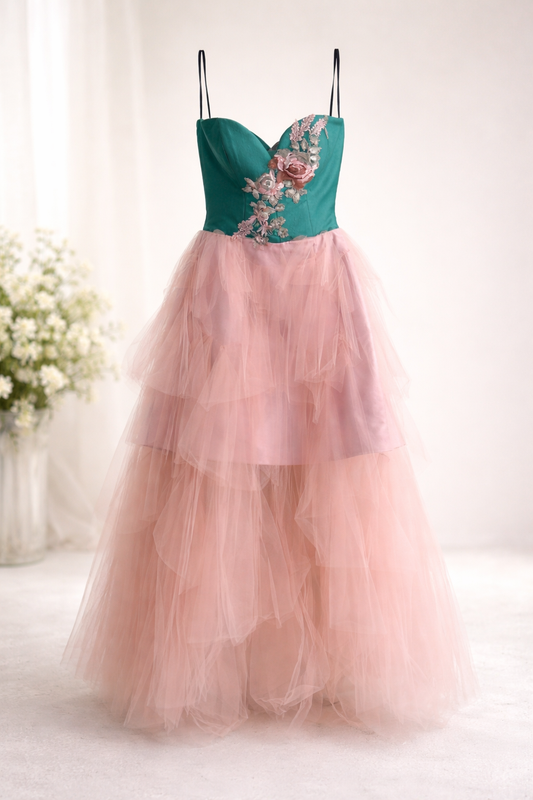 Vestido verde y rosa