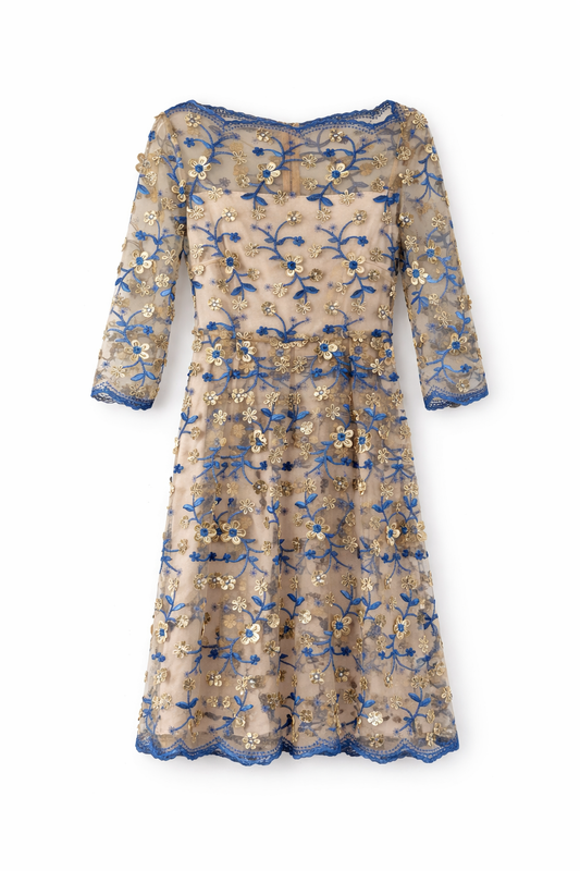 Vestido Azul con flores doradas
